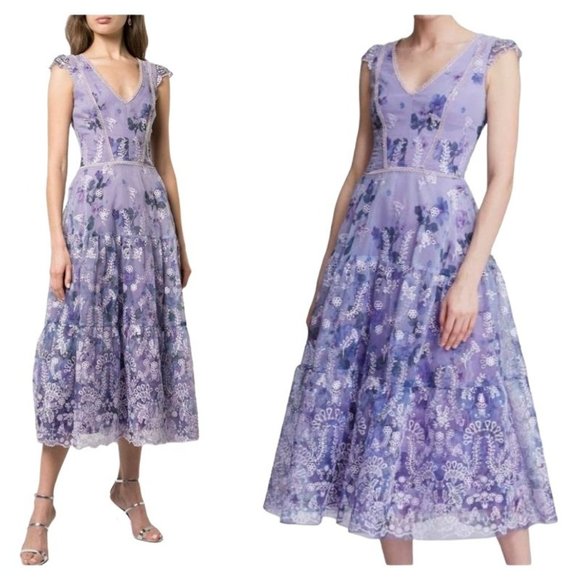 Marchesa Dresses & Skirts - Marchesa Lilac Organza Tiered Peasant Dress Floral Embroidered Tulle Size 4